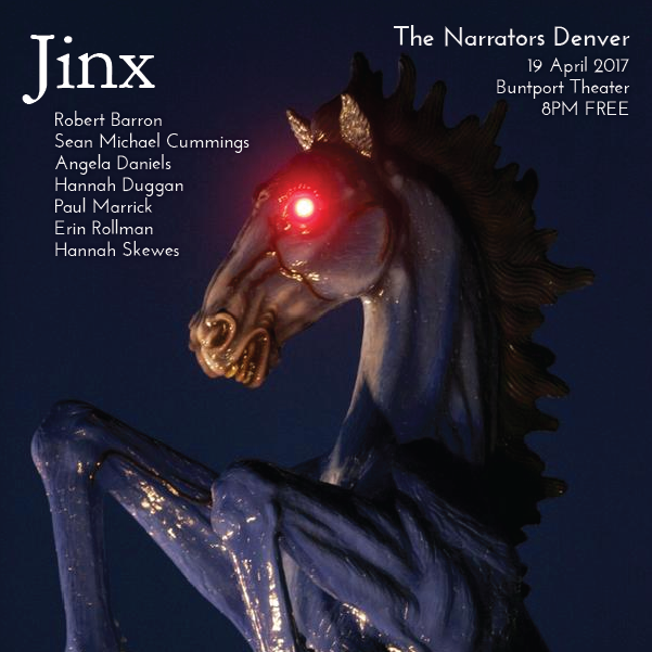 The Narrators Denver - April 2017 poster featuring Blucifer the Blue Horse at DIA