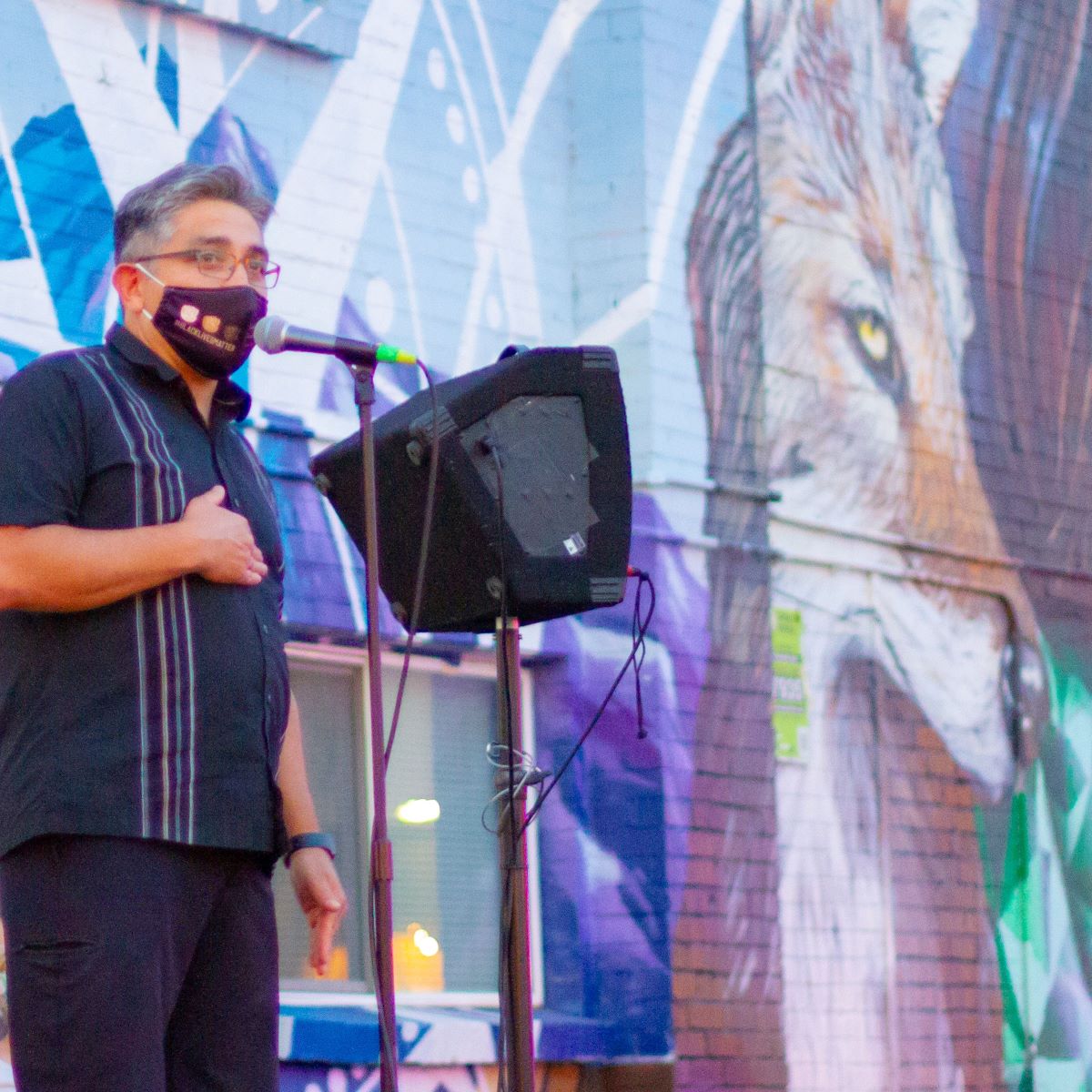 Adrian Holguin telling a story for The Narrators at EXDO Events Center, August 2020