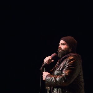 Adrian Mesa telling a story for The Narrators at Buntport Theater, February 2016