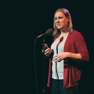 Amanda Hergott telling a story for The Narrators at Buntport Theater, April 2019