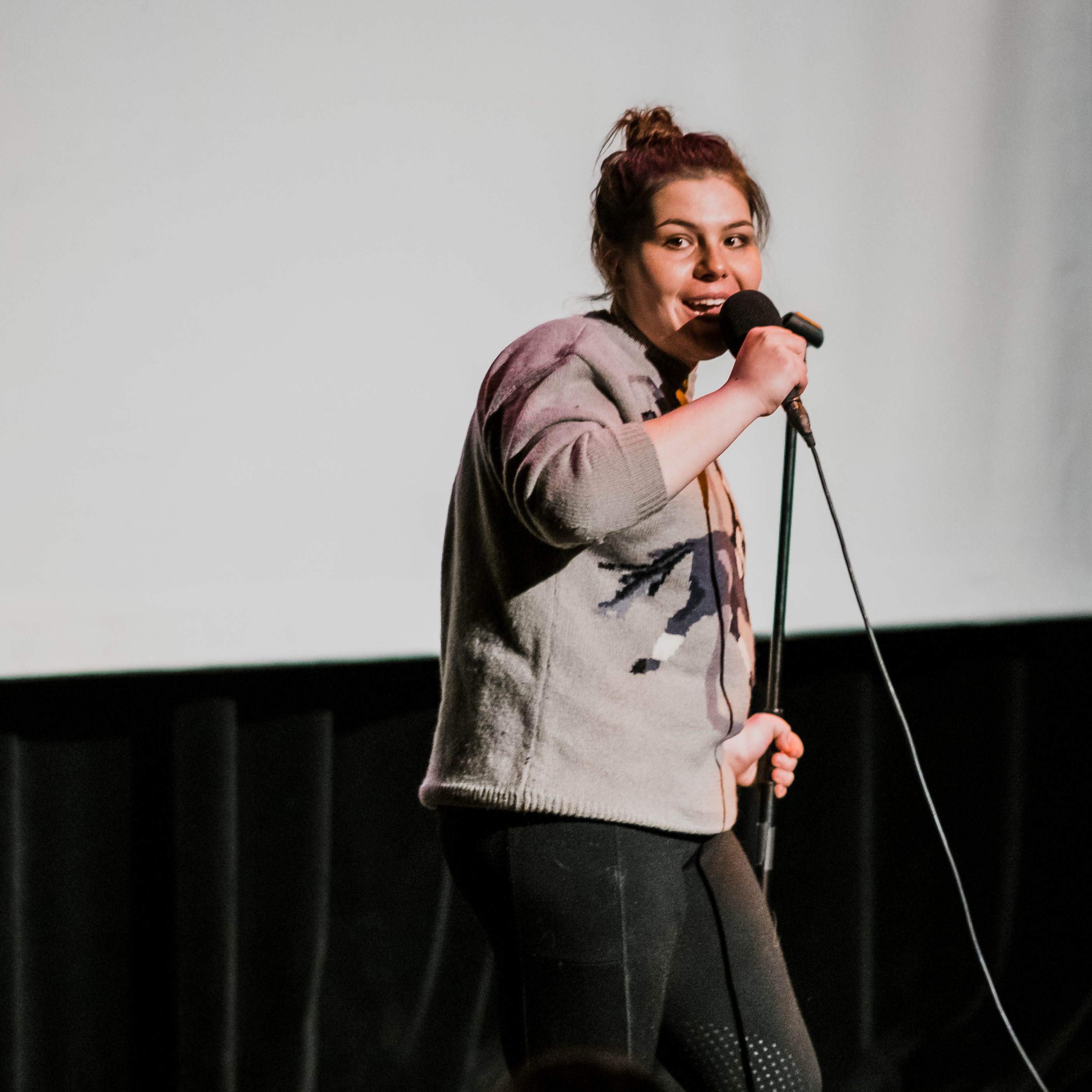 Hayden Kristal telling a story for The Narrators at Buntport Theater, January 2020