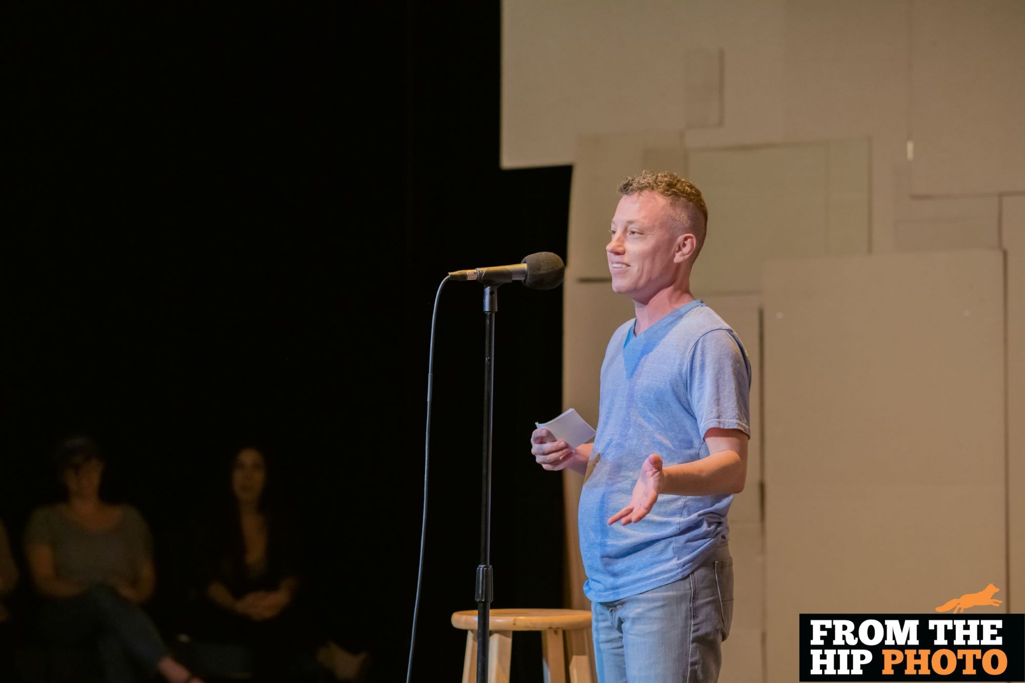 Jacob McWilliams telling a story at The Narrators, August 2019