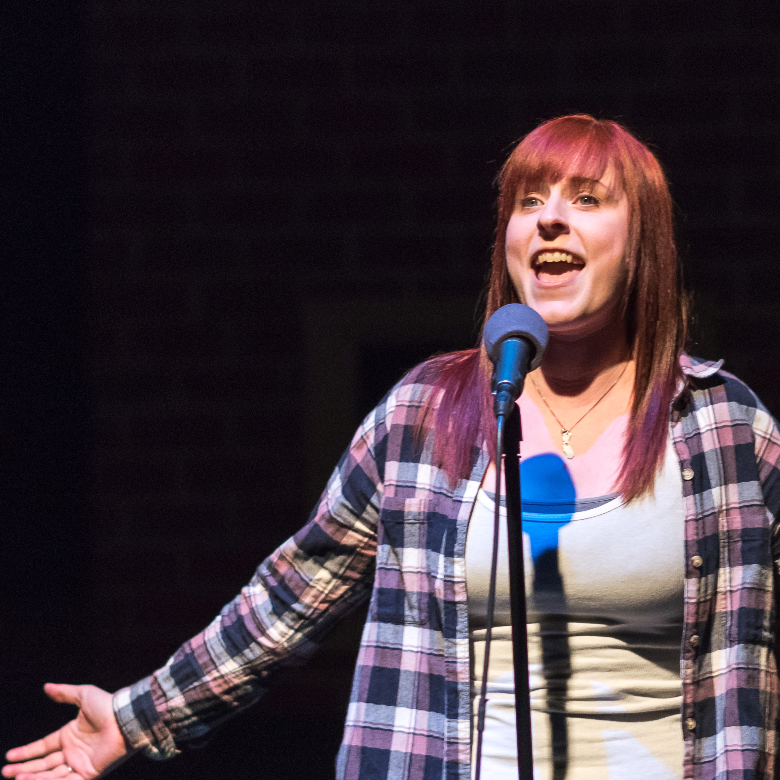 Laura Condi telling a story for The Narrators at Buntport Theater, October 2017