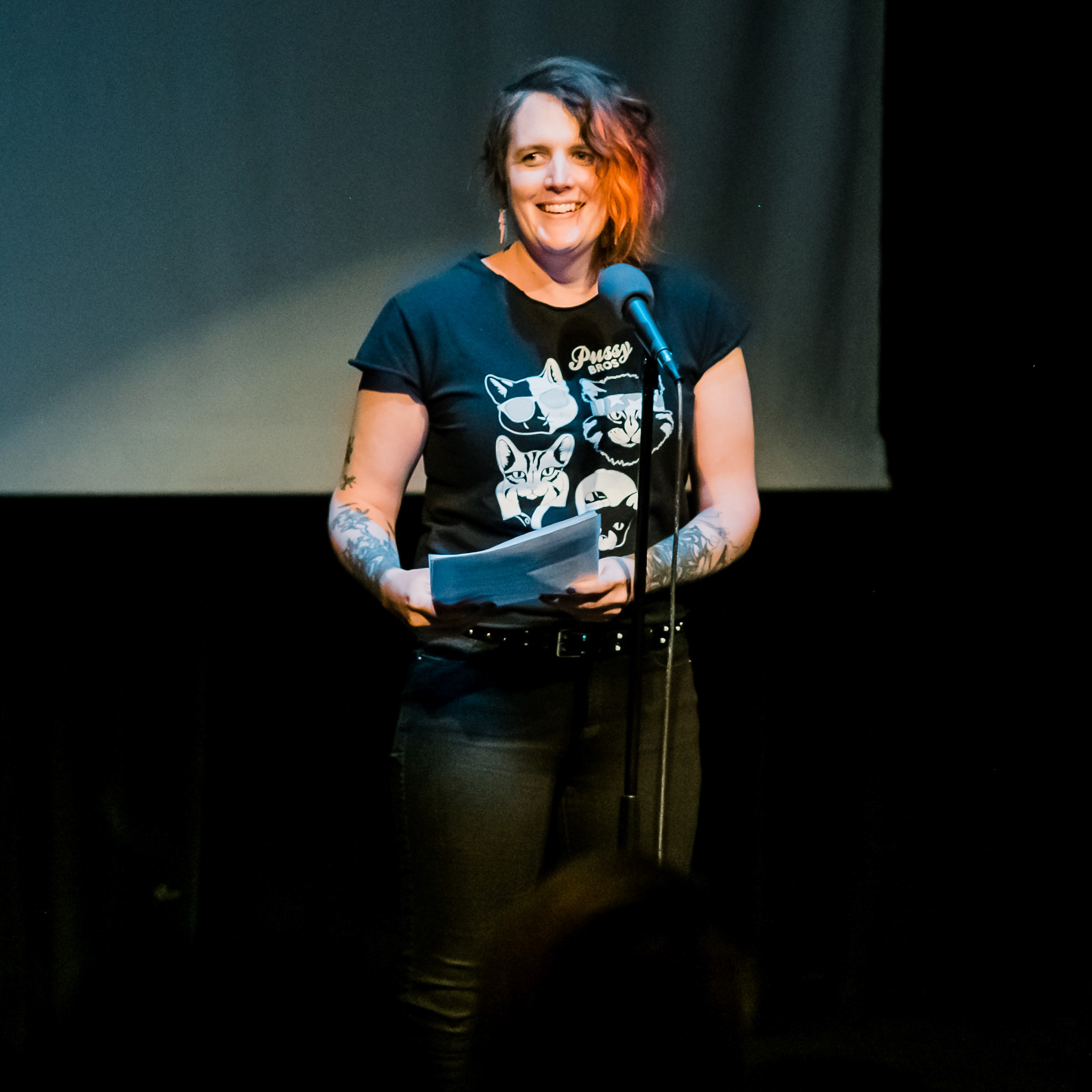 Miriam Suzanne telling a story for The Narrators at Buntport Theater, June 2019